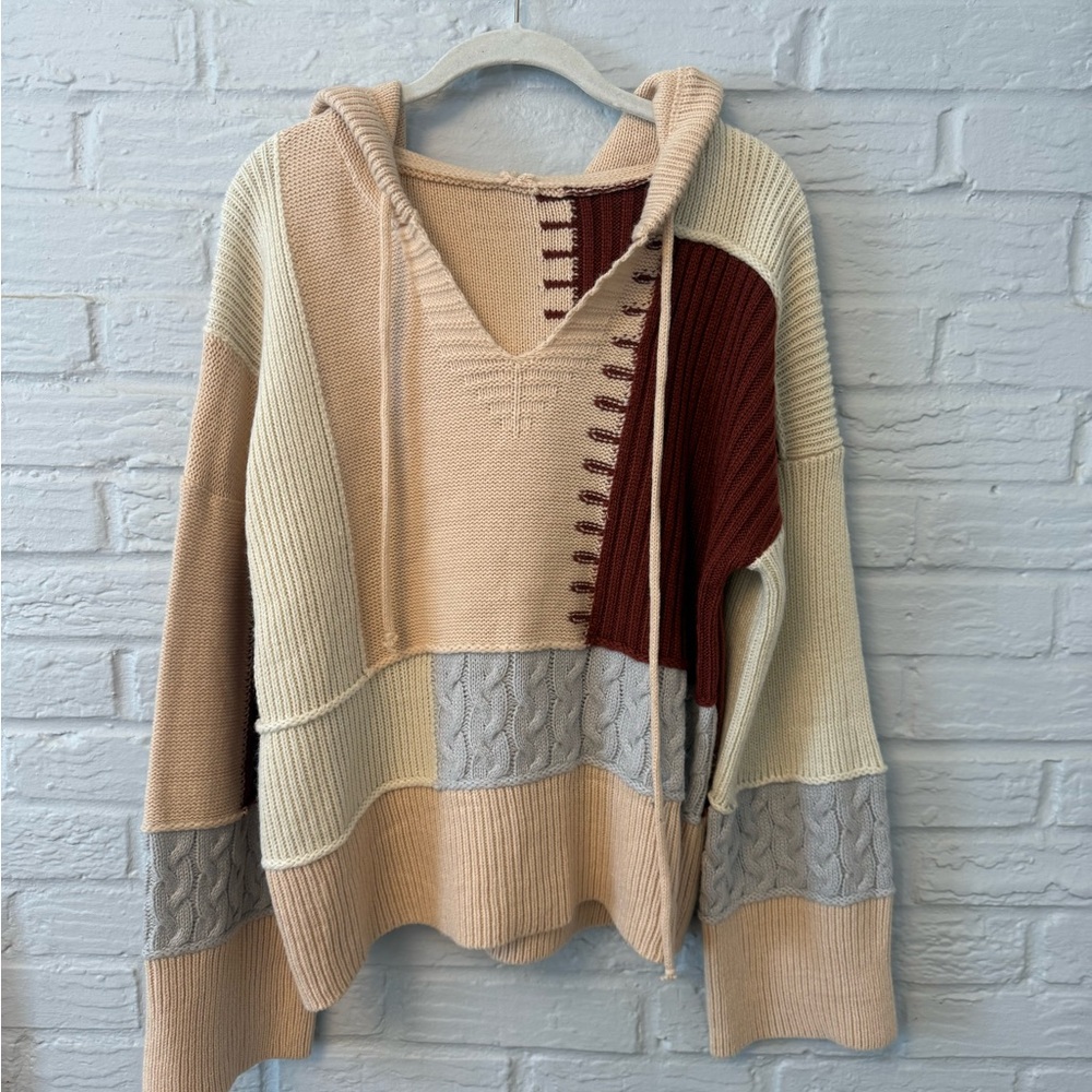 POL V-Neck Patchwork Sweater in Cream, Brown, and Gray